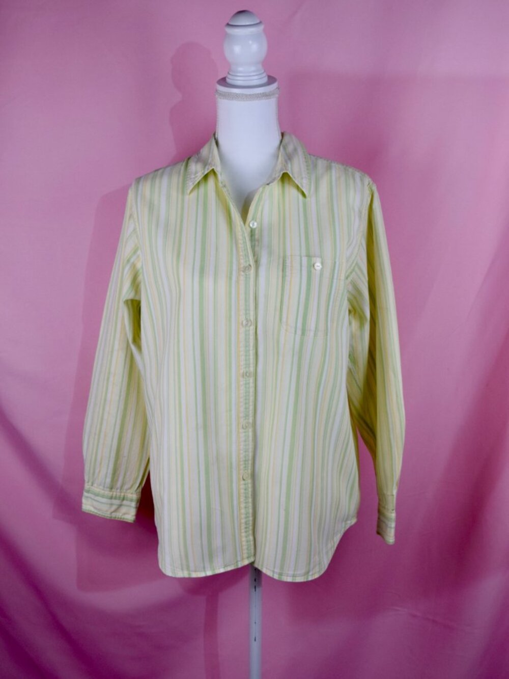 L.L. Bean Yellow & Green Striped Button-Front Long-Sleeve Blouse | Size M